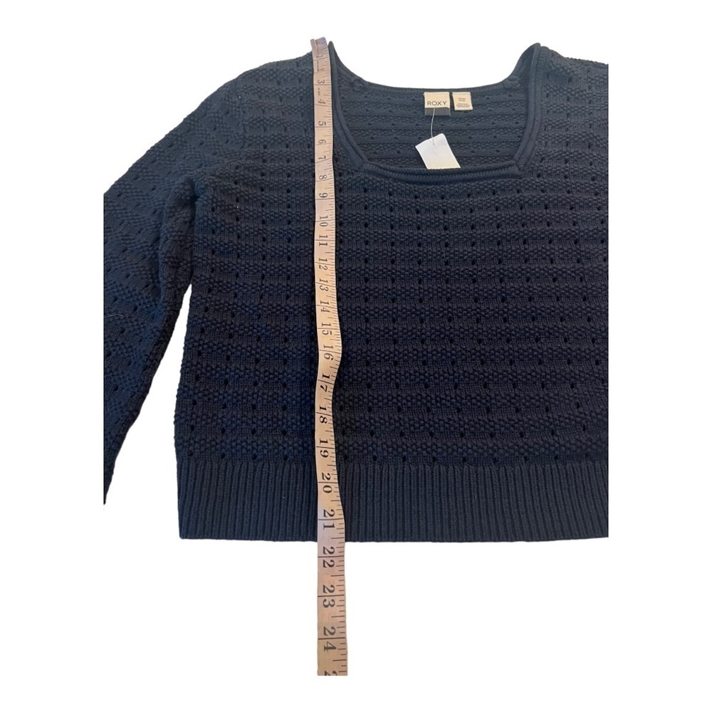 ROXY Pointelle Navy Birdy Day Square Neck Dropped Balloon Sleeve Navy Sweater - Picture 5 of 12